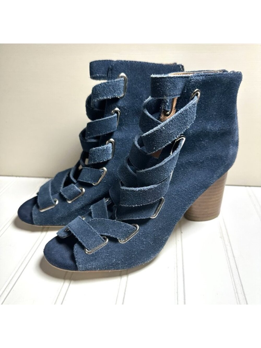Jeffrey Campbell Salazar Booties Heels Size 6.5 Blue Suede Shoes Strappy Boho